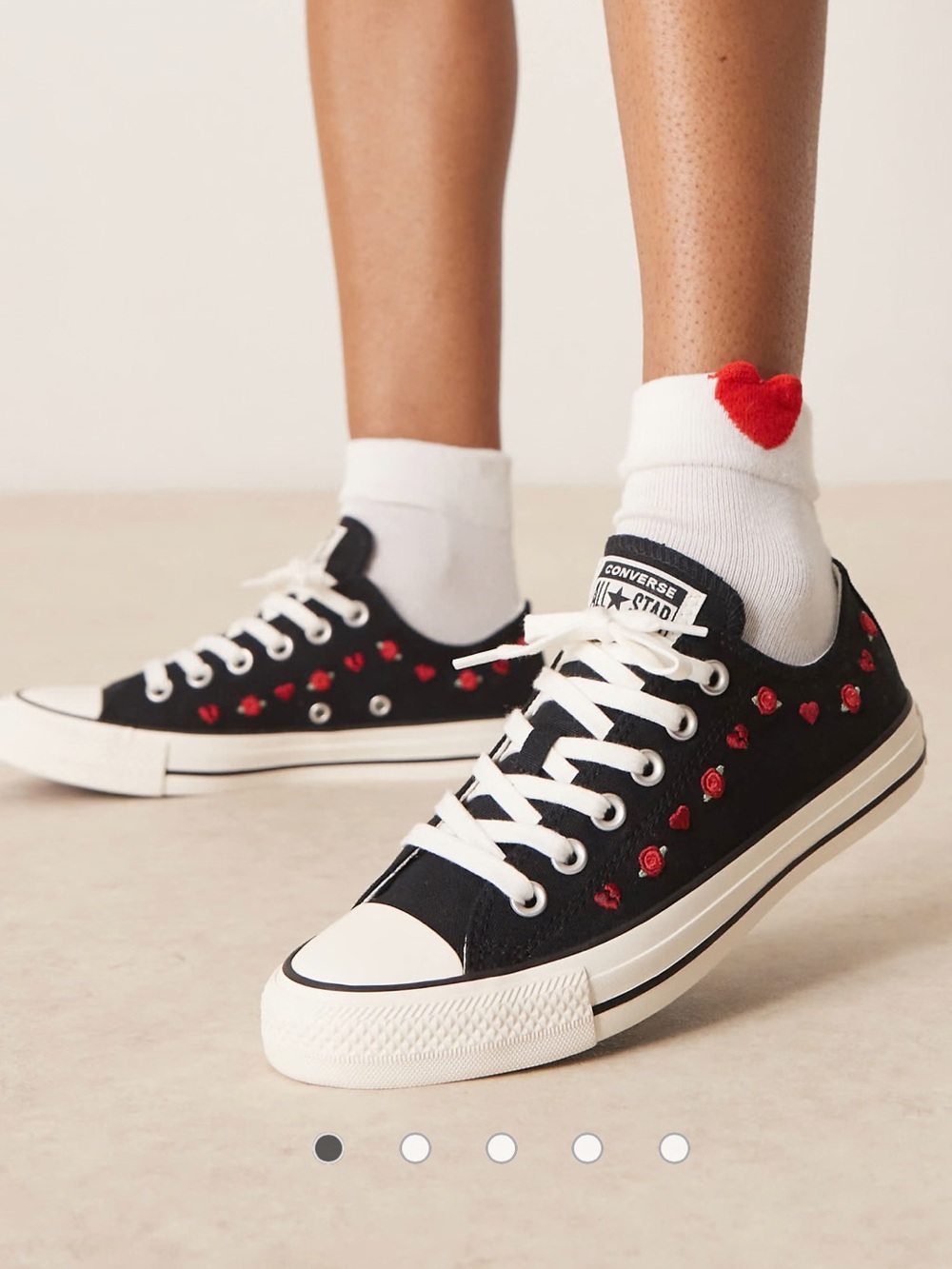 Converse Black Canvas Low-Top Sneakers with Red Heart Embroidery